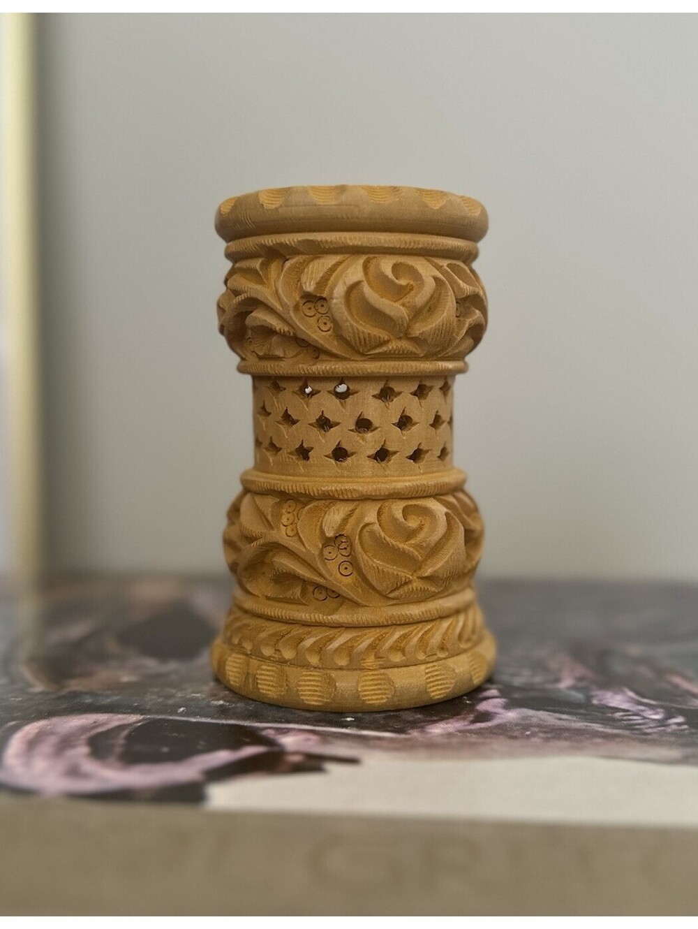 Vintage Hand Carved Wood Pencil Or Pen Holder Jar Reticulated Floral Design 4"